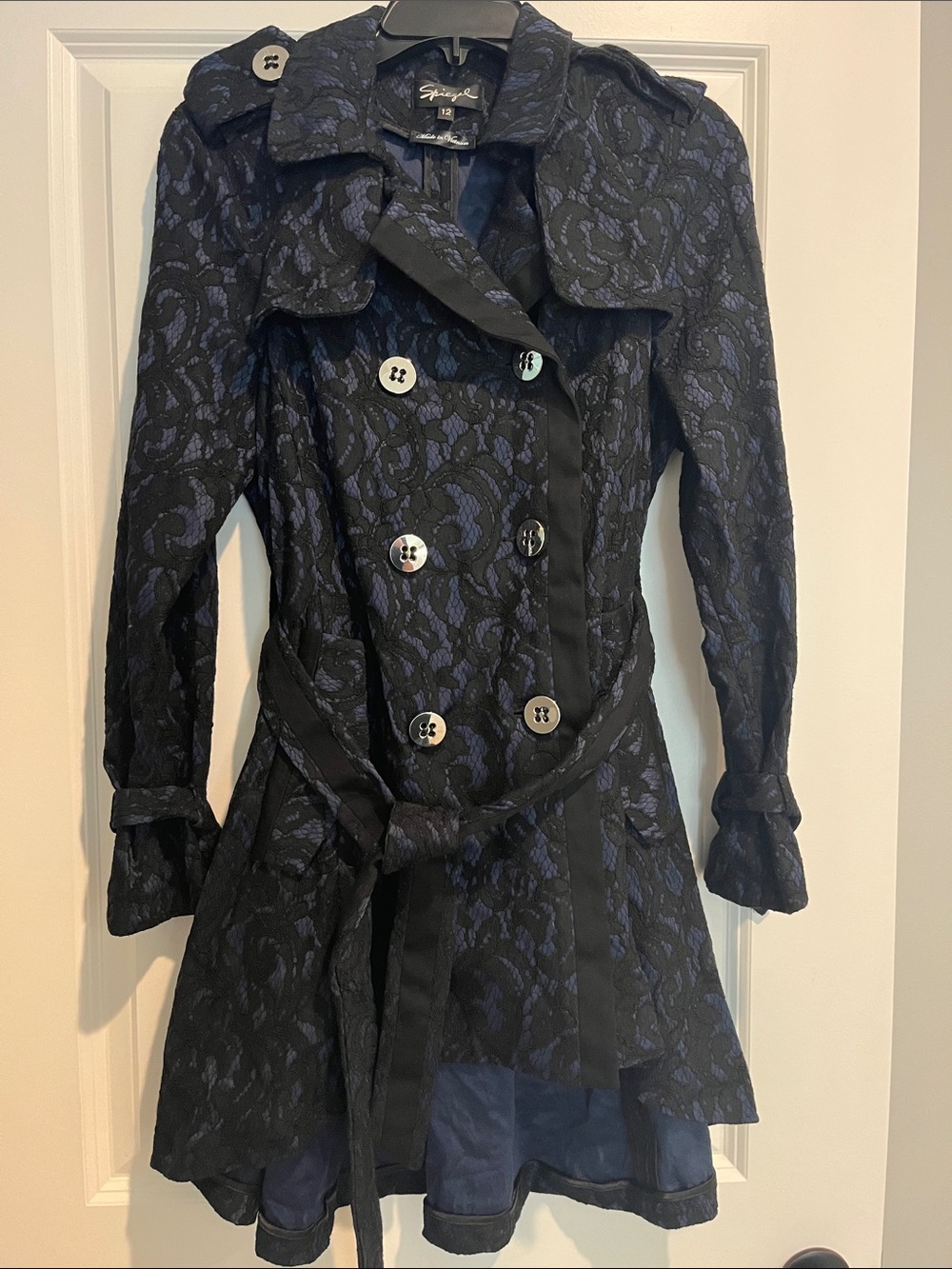 Spiegel Black and Navy Double Breasted Lace-Overlay Coat